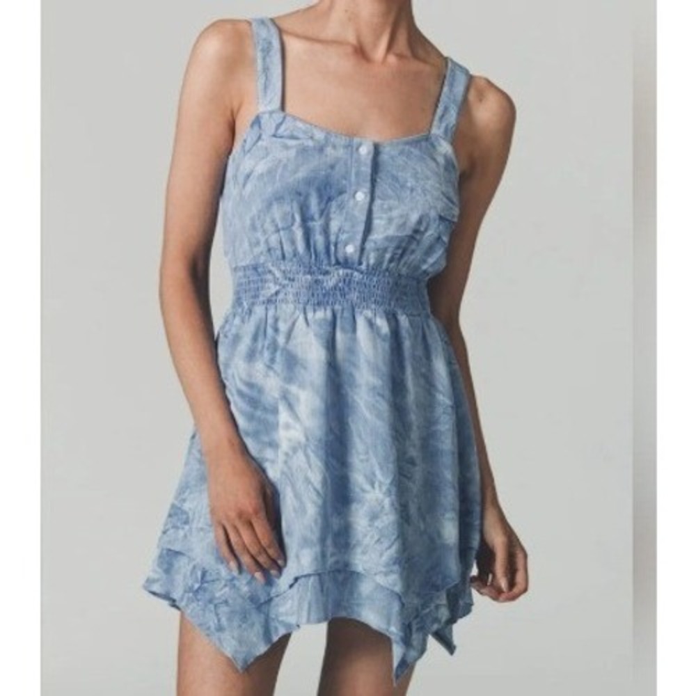 The Shirt Rochelle Behrens Tie Dye Mini Dress Blue Boho Handkerchief Hem - Picture 2 of 8